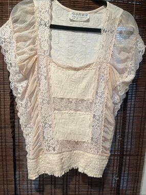 Free People Pale Blush Lace Panel Short Sleeve Top